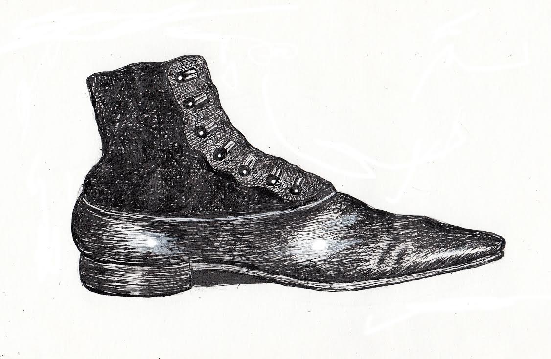 Ink drawing of a boot illustrates the central character needed metaphorical and actual boots to achieve her dream