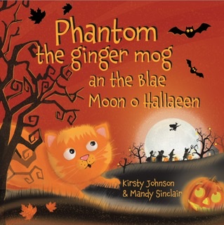 Phantom the Ginger mog in a Halloween scene filled with bat s, guiders, withes and a hug moon in an  burning orange sky