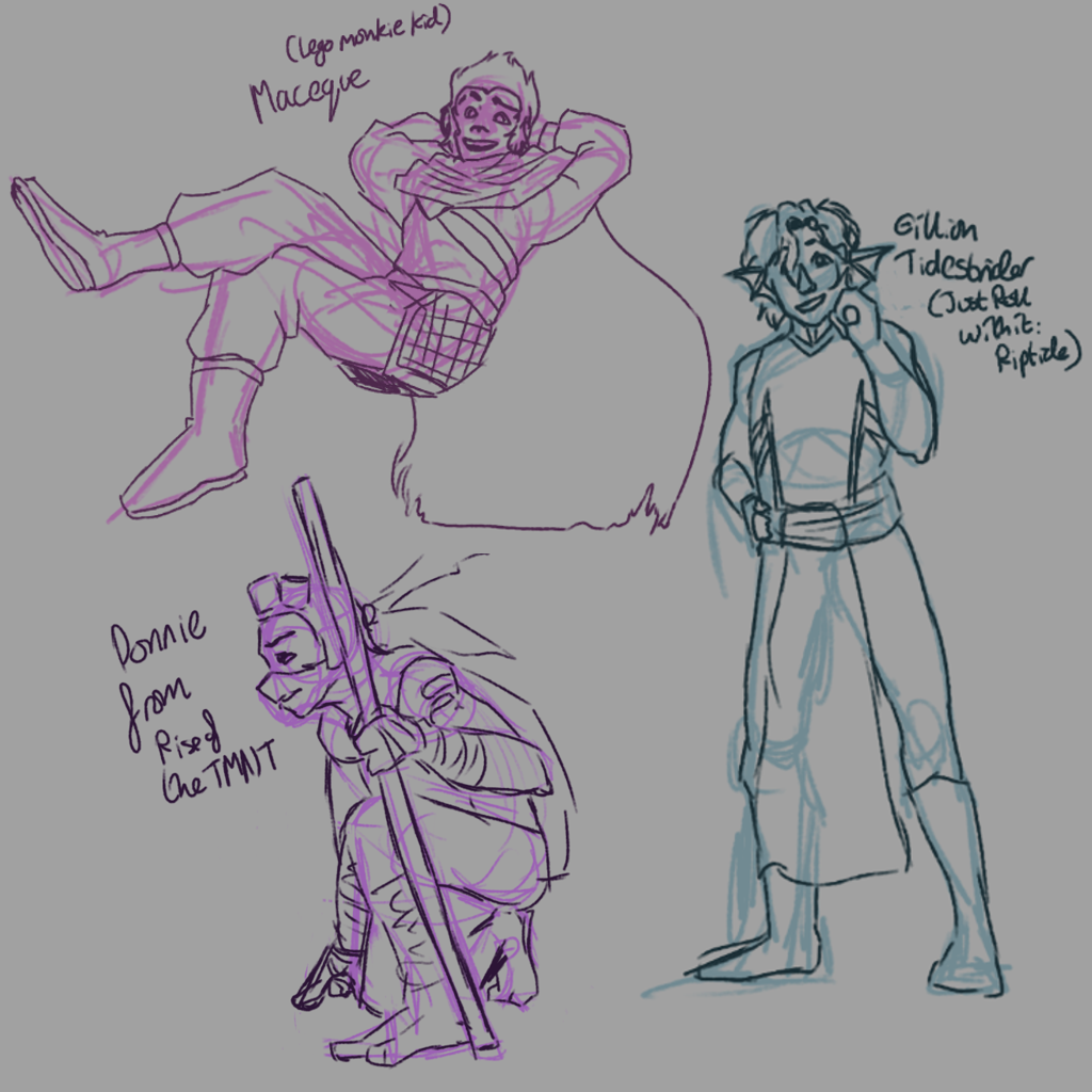 A doodle of a humanoid turtle, a monkie humaniod and a fish humanoid/merperson with legs. The turtle is Donnie, The Monkie is Maceque and The Fish is Gillion.