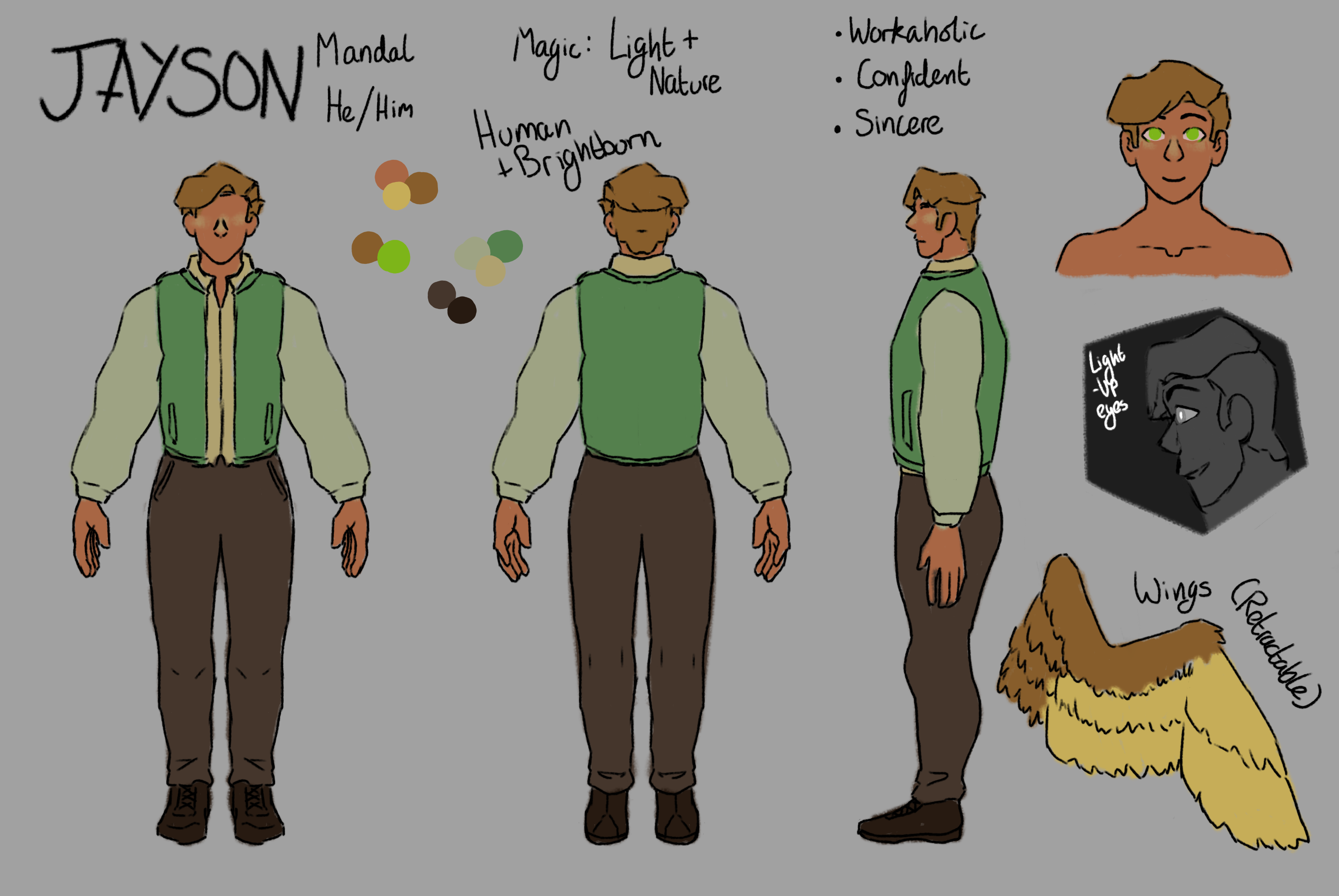 A drawing of a character turnaround of a man with blonde hair. Jayson Mandal is wearing a green two-tone bomber jacket, with a pale yellow button up and dusty brown jeans. His freckles glow gold and his eyes glow a lime green. He has retractable wings of gold and warm yellow.