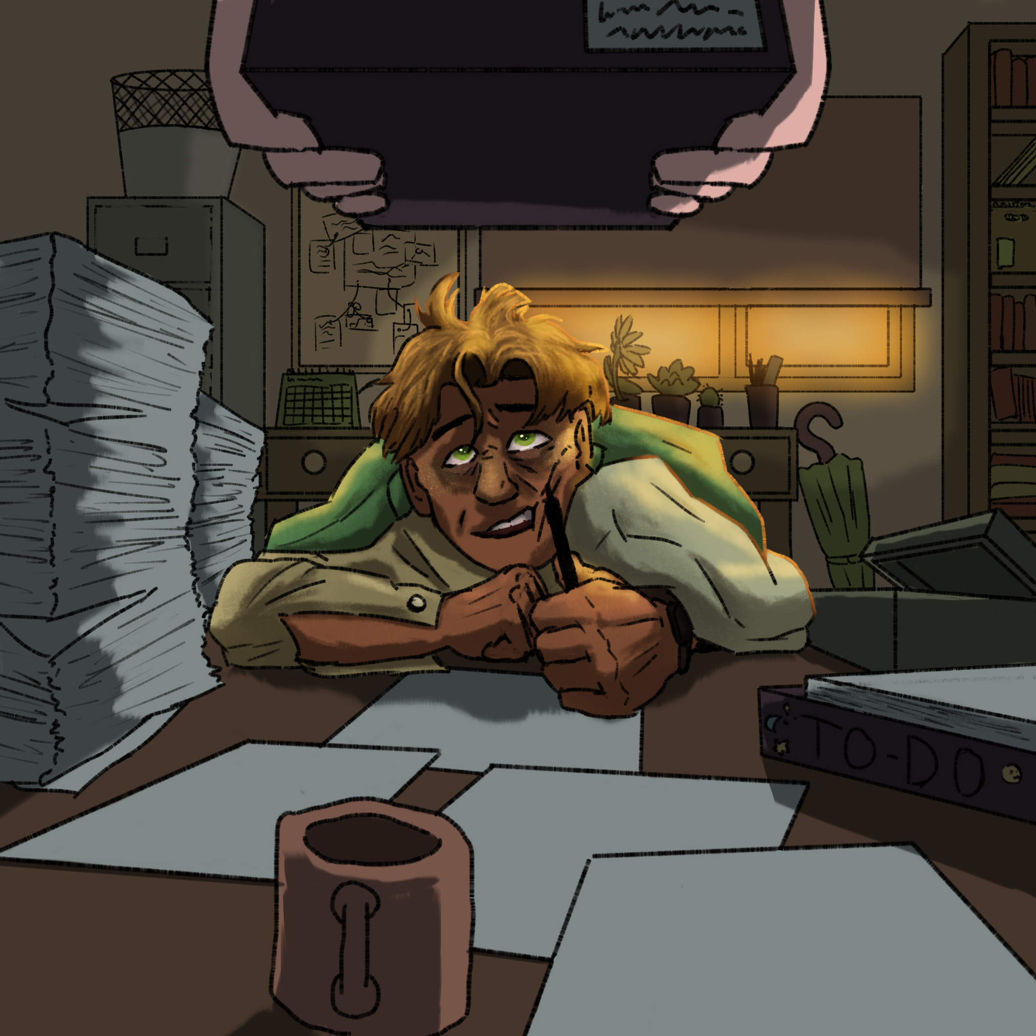 A drawing of a blonde man (Jayson), sitting down and leaning forward at a desk, holding a pen. He has a pale yellow shirt, with a two-toned green jacket draped over his shoulders. He looks tired and is being given more work to do, as he sits in his office. The evening sun is blaring in through the roll down blinds.