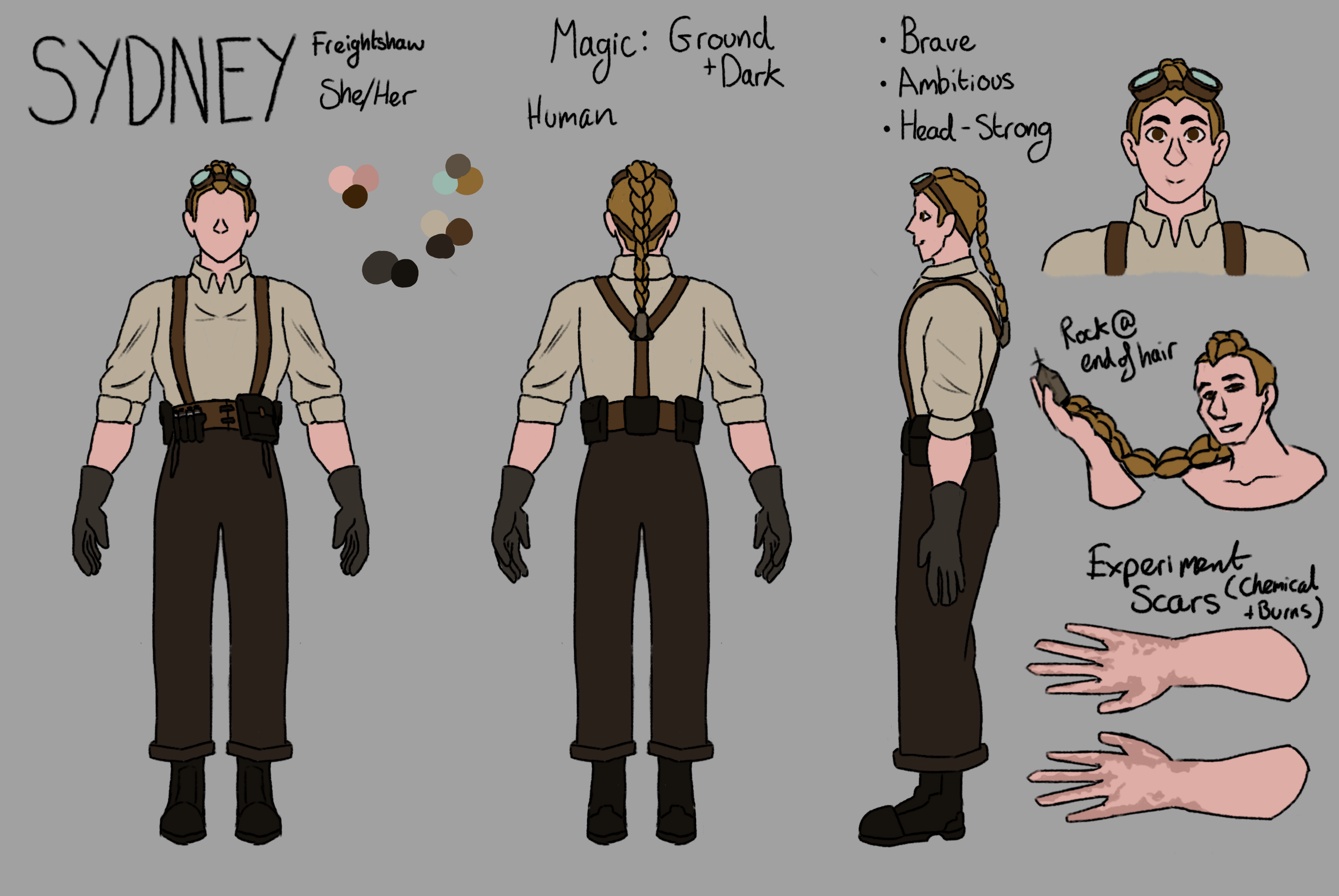 An illustrated turn-around of a woman wearing a pale grey-yellow dress shirt with brown braces. Sydney wears brown trousers, black boots and warm, medium toned grey gloves, with googles in her blonde, long hair and a stone holding the end of her braid.