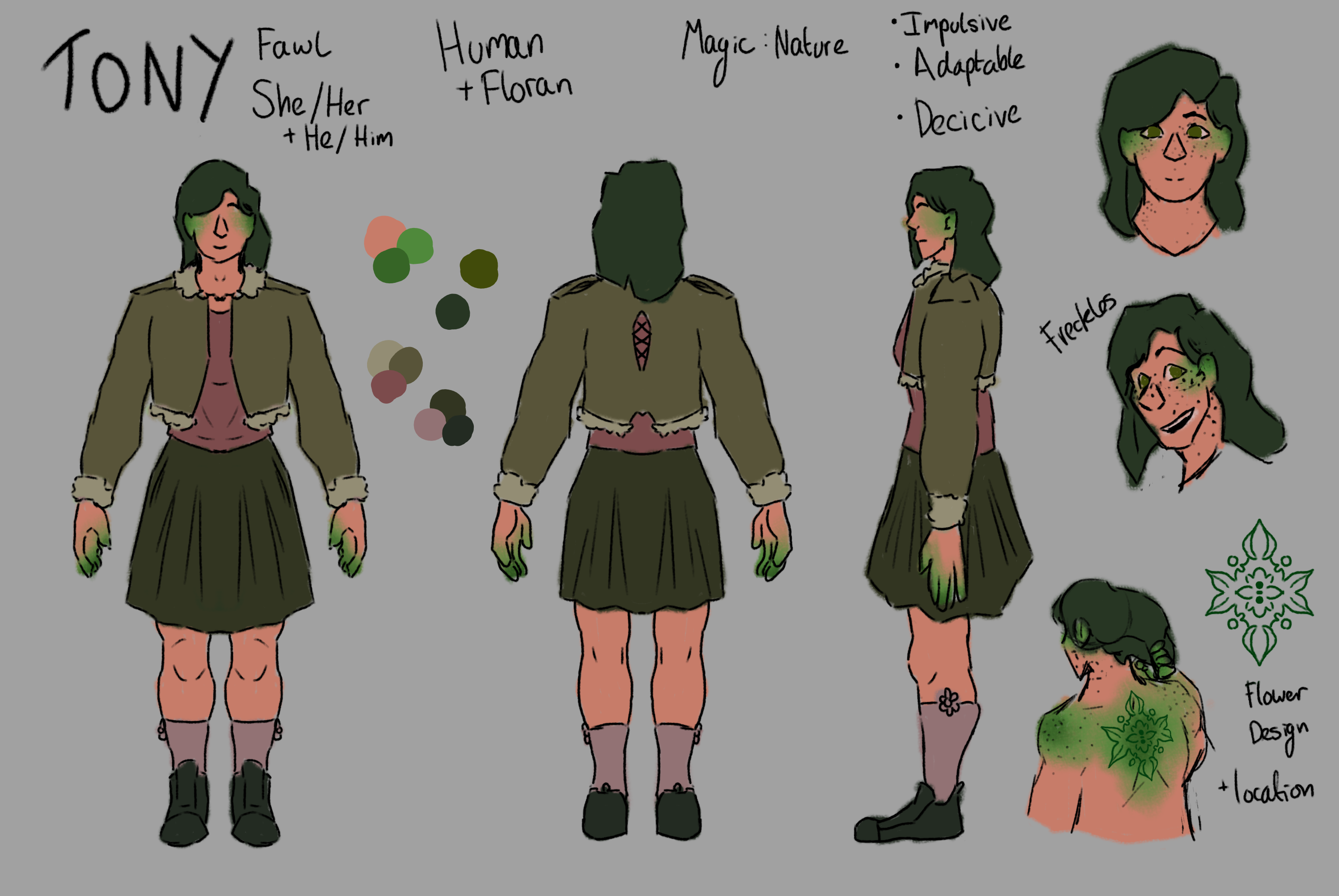 A drawing turnaround of a person with green medium length hair. Tony Fawl wears a dusty green jacket with fur at the edges, a darker green skirt and a dusty dim pink shirt. Pale pink socks and green shoes.