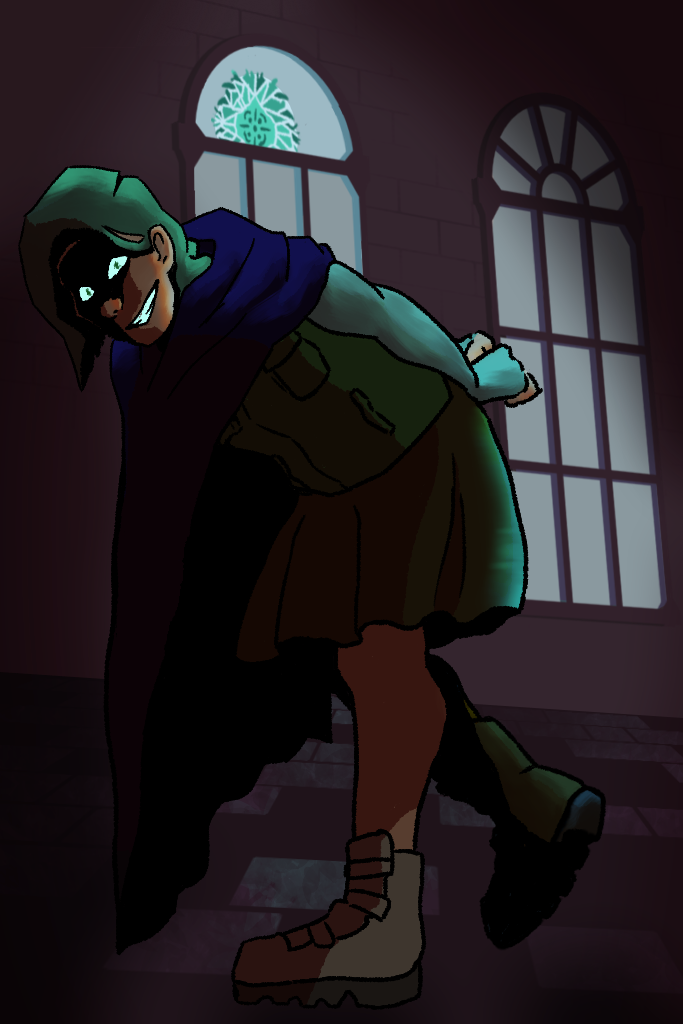 A human figure with green hair, leaning partially to the front and side with one foot off the ground and arms behind their back. They wear a skirt, heavy boots and a half cape. They have a creepy smile and their eye whites and teeth glow unnatually. Covered in heavy shadow, in a background window there is a similar unnatural glow with an eye like design in the semi-circle.