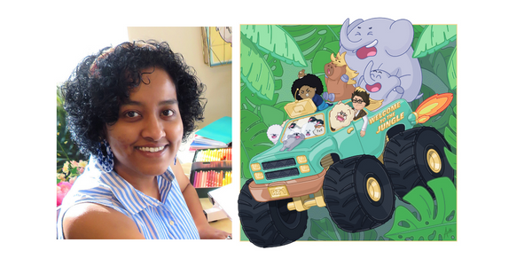 Picture of Arrthi Little and one of her illustrations depicting a bunch of characters - animal and human - in a jeep.